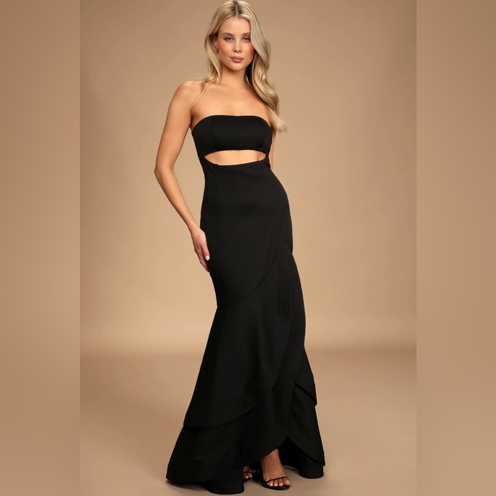 LULUS Fabulous Festivities Strapless Ruffled Trumpet Dress Black SZ S